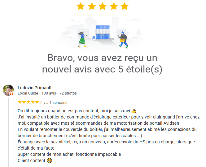 Avis client sur Google. Satisfaction de ce consommateur sur tous les plans : qualité du produit, écosystème Avidsen Home, SAV réactif, extrêmement compétent et à l'écoute.