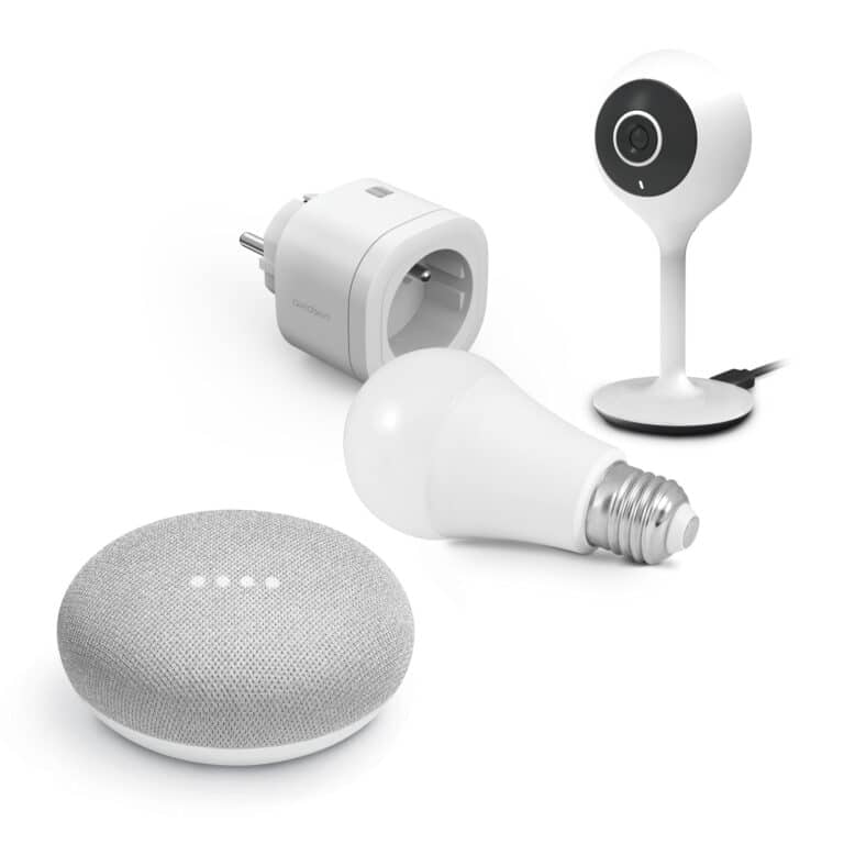 Kit Start aansluiten Avidsen Home (camera + stekker + aangesloten lamp) Google Home Mini + aangesloten stekker + vaste aangesloten camera + aangesloten lamp